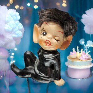 Vintage Winking Pixie Elf Black Outfit Furry Hair DABS Japan Figurine